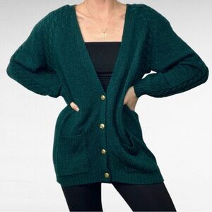 VINTAGE | Classic Elements | Dark Emerald Green Chunky Knit Oversized Cardigan